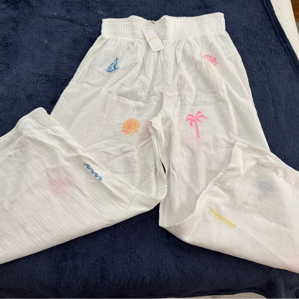 Lilly Pulitzer White Embroidered Tropical-Print women’s Pants